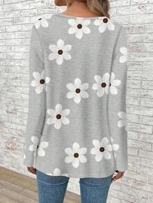 EMERY ROSE Plus Size Women V-Neck Floral Print Casual Loose Long Sleeve T-Shirt,Vacation/Summer/Spring - Grey - View 2