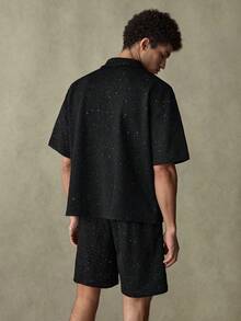 SWAVVY Bộ đồ nam gồm áo sơ mi ngắn tay cài một hàng khuy và quần short cạp chun, màu đen, kiểu dáng thường ngày, hai mảnh. Bộ quần short nam Manfinity, bộ quần short Lenin. - màu đen - Xem 5