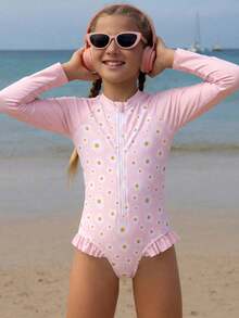 SHEIN Tween Girl Summer Vacation Beach Ditsy Floral Ruffle Sleeve One-Piece Swimsuit - Pink - View 2
