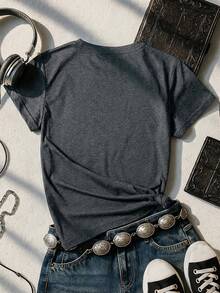 Glimmora 女士休闲字母卡通熊印花圆领短袖T恤 - 深灰色 - 查看 2