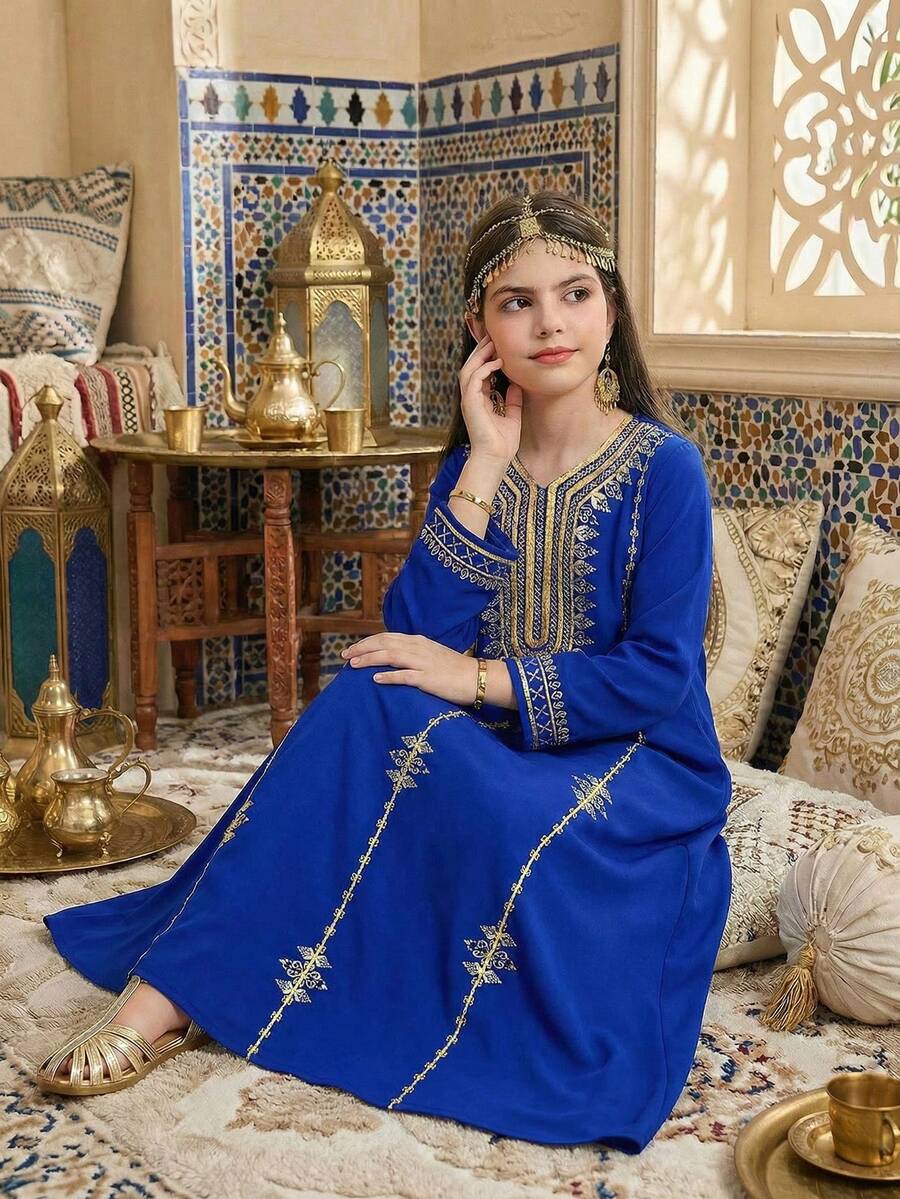 SHEIN Tween Girls' Fashionable Printed V-Neck Long Sleeve Dress