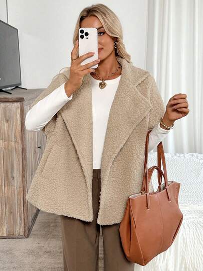 EMERY ROSE 女士纯色做旧翻领仿毛皮宽松短袖常规外套，秋冬款