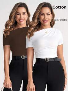 Ellevyn Plus Size Women's 3pcs Solid Color Ruched Slim Fit Asymmetrical Shoulder Short Sleeve T-Shirt Summer Spring Valentine's Day Resort Wear 3 Packs Tops Fitted Tops Women Shirt Packs For Women Cotton Women's Tops T-Shirts Women Cotton Blend Tops Short Sleeve Shirts - Multicolor - View 9