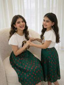 Tween Girls Green And White Middle Eastern Knit T-Shirt,Cute Cartoon Character Print,Pleated Maxi Skirt,Summer Loose Fit Family Matching Daily Wear - Multicolor - View 7