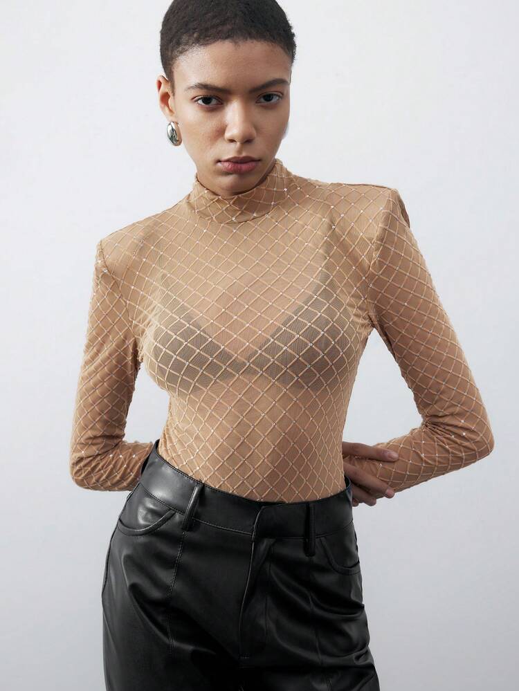 SHEIN Maija 1pc Rhinestone Detail Sheer Mesh Black Adult Bodysuit See Through Top Mesh Tops Transparent Top See Through Shirt Mesh Shirt  St Patrick's Day Women Easter Summer Outfits Easter Dress Women Party Top Beach Dress Summer Holiday Outfits Each Vacation Outfits For Women  Summer Outfit For Women Going Out Outfits Graduation Graduation Outfit  Casual Dresses  Casual Blouses For Women