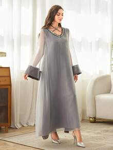 Al Najma Đầm maxi Thổ Nhĩ Kỳ thanh lịch dành cho nữ, cổ đính đá, tay áo lưới, thích hợp cho các dịp trang trọng. - Xám - Xem 3