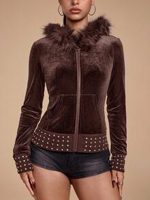 ROMWE Grunge Punk Sudadera con cremallera de terciopelo con decoración de rhinestones, ajustada para mujer, estilo Y2K - Café integral - Ver 4