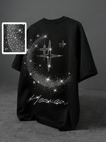 ROMWE MEN Camiseta de hombre de cuello redondo y manga corta con adornos de strass con luna y estrellas - Negro - Ver 1