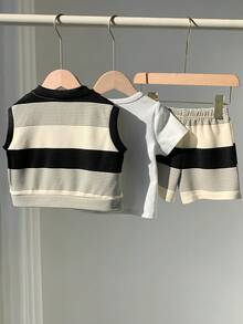 SHEIN 3件套男女通用婴儿黑白条纹套装，白色T恤，无袖背心和短裤，春夏男婴服装 - 黑與白 - 查看 2