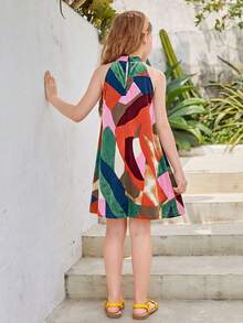 SHEIN Tween Girls' Elegant Halter Neck Open Shoulder Geometric Print A-Line Dress, Summer - Multicolor - View 2