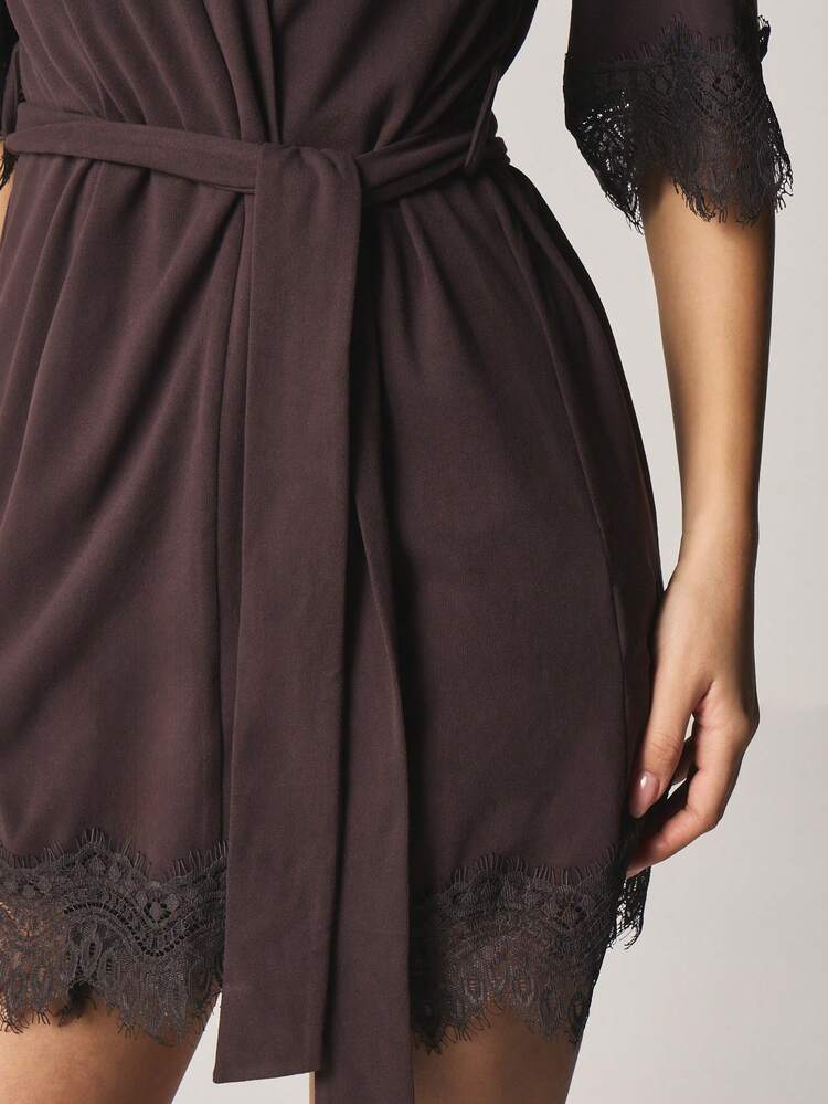 MISSGUIDED Women Lace Trim Modal Robe With Belt Wrap Style Short Sleeve Loungewear Sleepwear Kimono For Home Relaxation Comfort