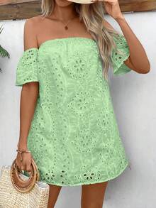 Glamine Women's Mint Green Summer Boho Off Shoulder Dress,Hollow Out Embroidered Pattern Mini Beach Dress,Holiday Vacation Outfit Cover Up,Solid Color - Green - View 6