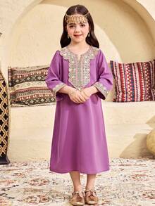 SHEIN 女童纯色宽松休闲连衣裙 - 紫色 - 查看 4