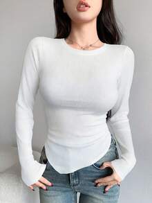 DAZY 不对称设计修身长袖女式T恤 - 白色 - 查看 4