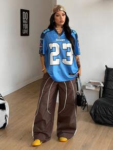 SHEIN Coolane 女士夏季节日复古街头运动服号码印花超大棒球衫T恤 - 藍色 - 查看 4