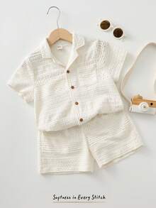 Cozy Pixies Bộ 2 món cho bé trai, màu trơn, kiểu dáng thường ngày, cổ polo, tay ngắn và quần short cạp chun. - Màu be - Xem 8