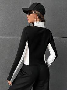 SHEIN EZwear 秋冬季字母图案双色拉链短款夹克 - 黑色 - 查看 2