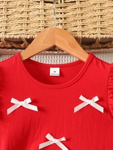 SHEIN Young Girls Knitted Pullover Top With Cute Puff Sleeves, T-Shirt With 3D Bow, Sweet & Casual, Fashionable, Versatile, Suitable For Party, Outing, Photoshoot With Sisters, Park, Camping, Vacation, Daily Casual Wear - Red - View 4