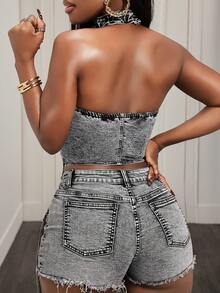 BamGleam Women's Zip-Up Collar Casual Denim Blouse, Versatile For Dates And Outings - Grey - View 2