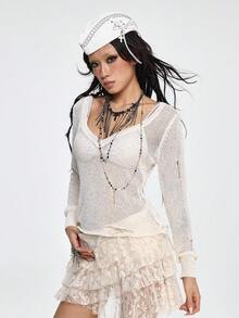 ROMWE Grunge Punk V-Neck Solid Color Long Sleeve Semi-Sheer Distressed Punk Style Sweater - Apricot - View 7