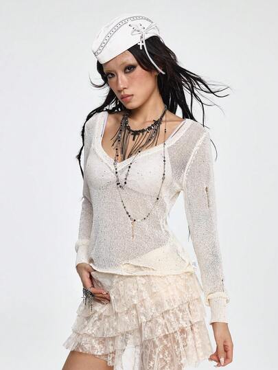 Maglione a maniche lunghe con scollo a V, in colore unito, semi-trasparente, stile punk con effetto consumato