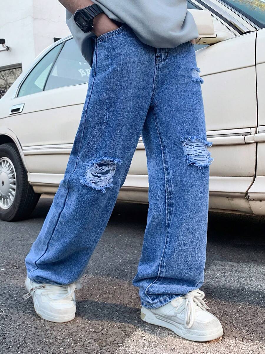 SHEIN Tween BoyBlue Distressed Loose Straight Leg Jeans - Blue - View 1