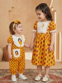 SHEIN Middle Eastern Style Puff Sleeve A-Line Burgundy Rose Star & Moon Print Lace Trim Dress - Yellow - View 2