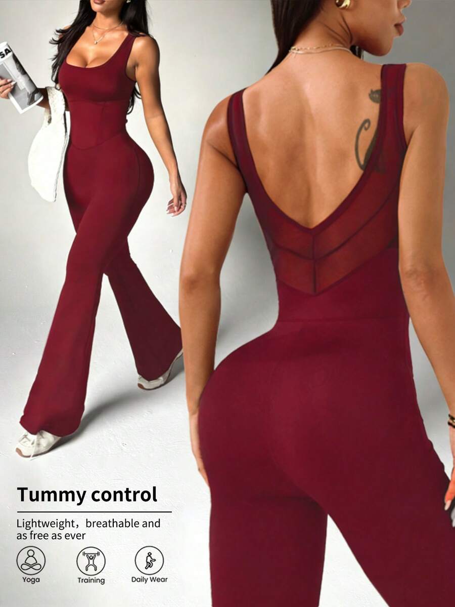 Dewbera 女士秋冬春季连体裤，黑色紧身U领，腰部拼接显瘦，后背U型网眼拼接，修身显高，遮盖腹部，喇叭裤腿，适合休闲、跑步、瑜伽、健身、网球、高尔夫等各种活动 - 酒紅色 - 查看 1