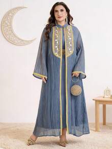 Al Najma Plus Size Women Ribbon Trim Long Sleeve Arabic Abaya Dress & Gown Elegant Set - Dusty Blue - View 3