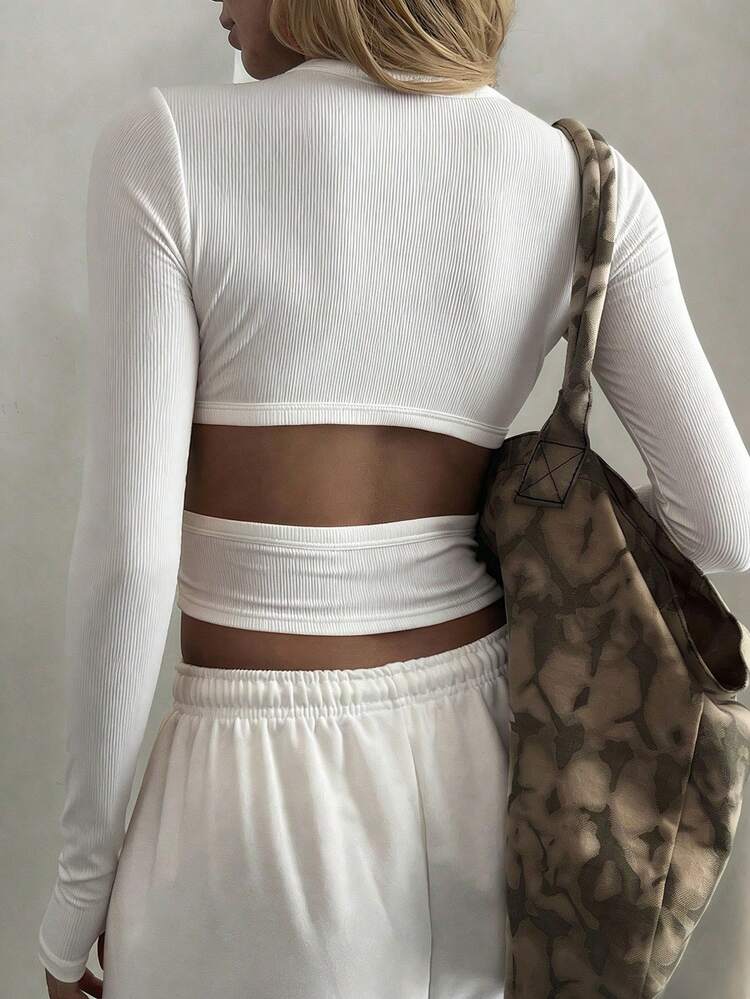 Women's Summer Round Neck Backless Hollow Design Fitted Cropped Casual Sexy Streetwear Top Long Sleeve Y2k