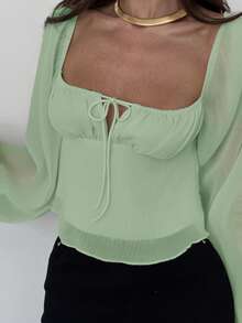 Aloruh Ruched Collar Cinched Waist Flared Hem Textured Fabric Long Sleeve Blouse For Women - Green - View 5