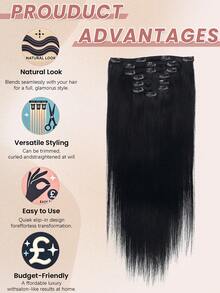 7 piezas, 120g, extensiones de cabello humano real de color negro azabache, extensiones de cabello humano rectas Remy con clips - S1 - Ver 6