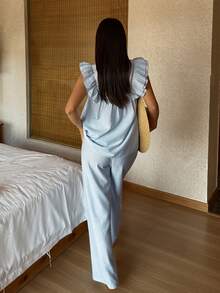 浪漫撞色荷叶边无袖女士睡衣套装 - 藍色 - 查看 2