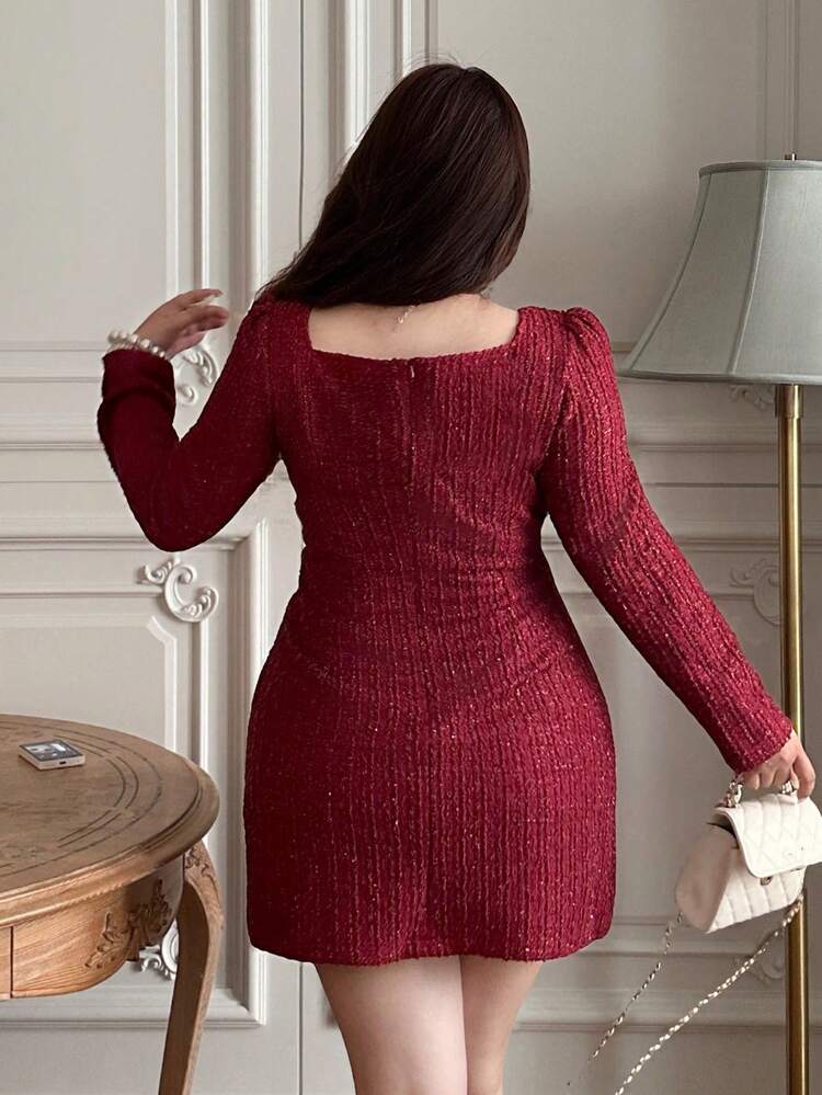 Dazy Plus Valentine Plus Size Women's Elegant Textured Fabric Square Collar Fitted Dress, Suitable For Work And Commute, Spring/Autumn Sundress