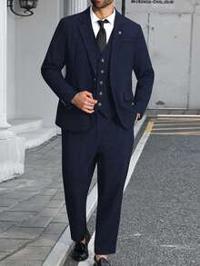 Manfinity Mode 男士加大码商务通勤西装套装，包括夹克、马甲和裤子 - 寶藍色 - 查看 4