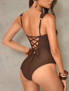 Shapewave Women's Textured Fabric One Piece Swimsuit, Suitable For Beach, Party, Vacation - Coffee Brown - View 2