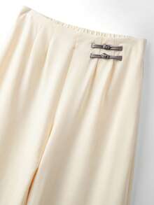 Lyxana 休闲褶皱搭扣装饰阔腿杏色女士运动裤 - 杏色 - 查看 3