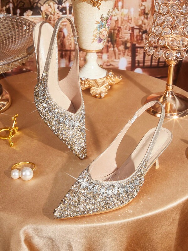 CUCCOO TILAWA Silver Toe Open Pointed-Toe Rhinestone Satin Wedding Heels For Women For Christmas