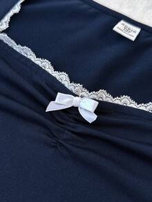 SHEIN Tween Girls' Blue Knit Ruched Bust Lace Trim Form-Fitting Long Sleeve Versatile T-Shirt Top - Navy Blue - View 7