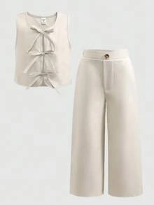 Young Girl Solid Color Round Neck Tie Front T-Shirt And Wide Leg Pants Casual Outfit - Apricot - View 7