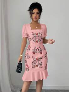 Rafferiza Women's Elegant Floral Print Ruffle Hem Mid-Length Dress, Summer - Baby Pink - View 3