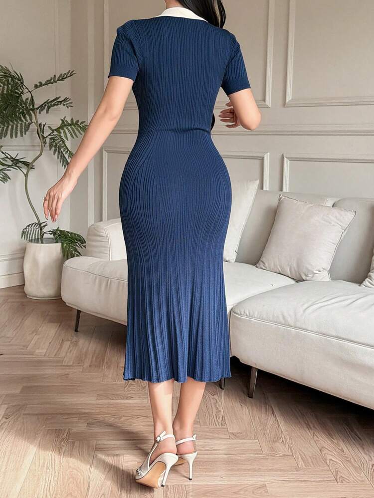 Women's Elegant Contrast Color Collar Faux Pocket Sweater Dress, Spring/Summer,Wedding Guest Dress Women