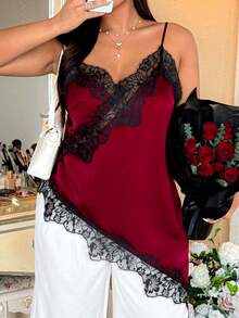 Vionelle Valentine Plus Size Women Casual Elegant Sexy Satin Lace Patchwork Hollow Asymmetric Hem Camisole - Burgundy - View 3