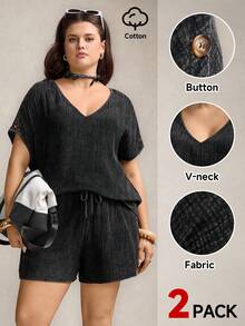 Comfylo 2pcs/Set Plus Size Dark Green Summer Outfits,Smart Casual Button Decor Top And Elastic Waist Shorts Set,Versatile Vacation Lounge Wear For Women - Black - View 2