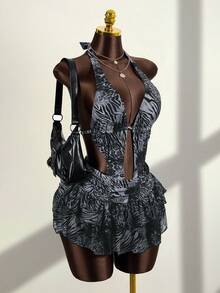 Zestiva 2件套女士26SS新款动物纹性感优雅个性化连体连衣裙带罩衫，沙滩派对度假风连体泳衣套装，情人节，狂欢节 - 彩色 - 查看 3