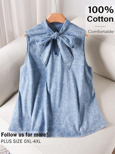 CosyJoli Plus Size Women Bow Decor Half Backless Tank Top, Washed Snow Floral Print Top