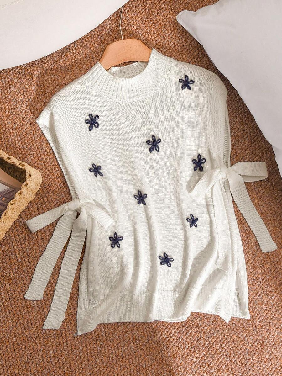 CosyJoli Plus Size Floral Embroidery Sleeveless Tie-Front Cardigan, Casual For Spring & Autumn Fall/Winter - White - View 1