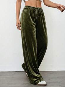 SHEIN EZwear 女士复古休闲黑色丝绒宽松阔腿裤，秋冬款 - 軍綠色 - 查看 3