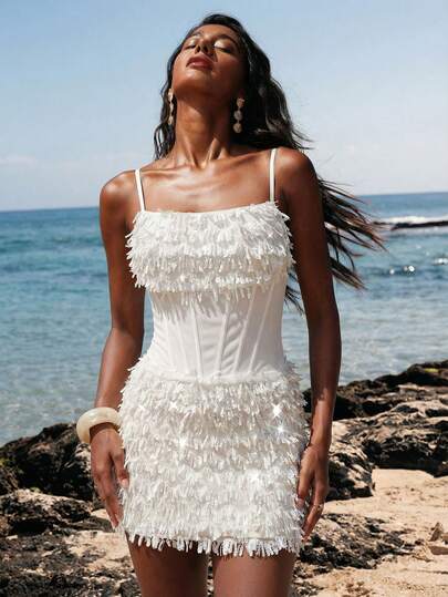 Nevyona Women's Sequin Patchwork Fashion Mini Party Casual Cocktail Skirt White Dress Vacation White Corset Dress Beach White Dress