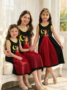 Young Girls Sleeveless Dress Cartoon Print Crescent Moon Star Decor Black Summer Princess Traditional 7th Birthday Wedding Arabic Modest Aline Dress - Red and Black - View 3